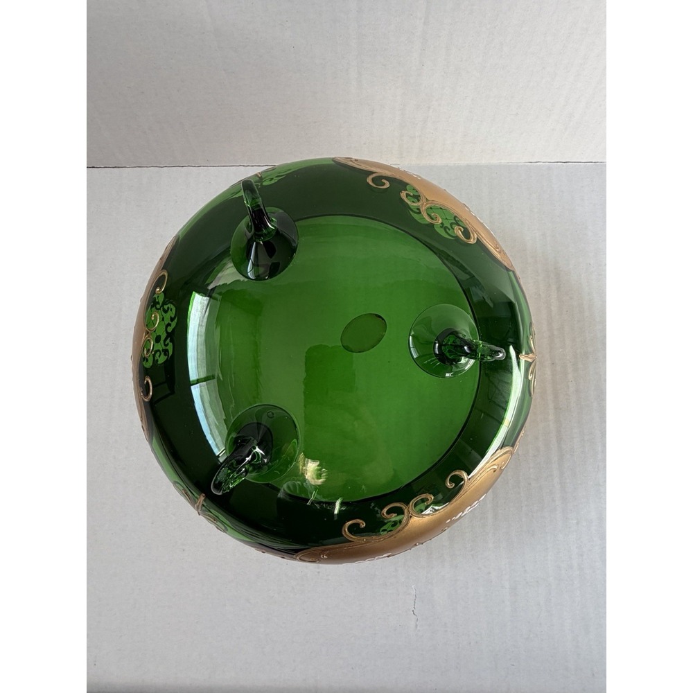 Czech Bohemian Gilded Gold Green Glass Bowl - Picture 10 of 12